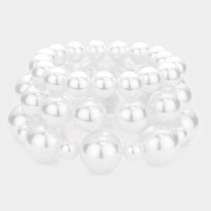 White Pearl Strand 3 pcs Stacked Stretch Bracelets Statement Accessory